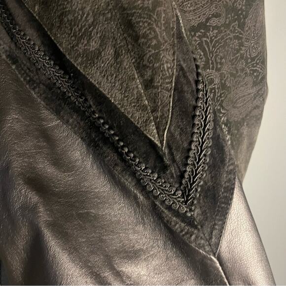 Vtg Leather Double Breasted Brocade Trim Drop Waist Oversized Midi Coat Women SP - Picture 8 of 10